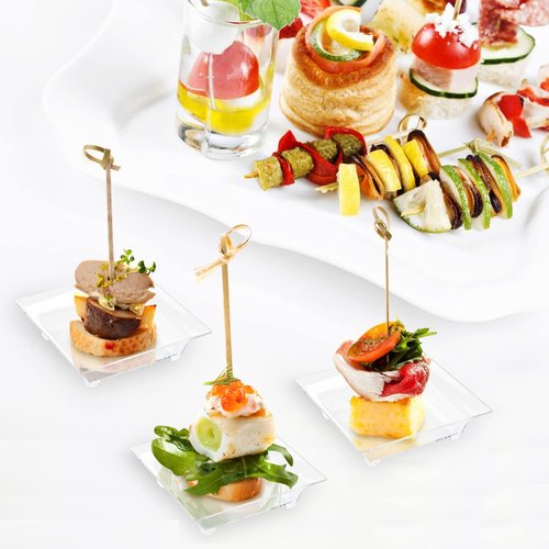 Qeirudu 100 Pack 1 oz Mini Dessert Plates - Small Plastic Appetizer Plates with Spoons Reusable Square Individual Serving Trays for Hors D'oeuvres