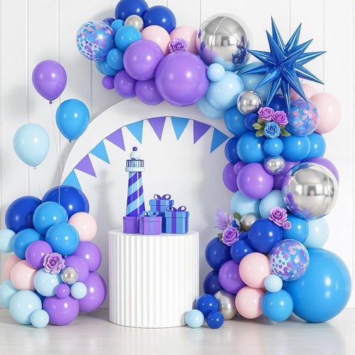 Blue Purple Silver Balloon Arch Garland Kit - Star Foil & 4D Round Balloons for Baby Shower & Birthday Party