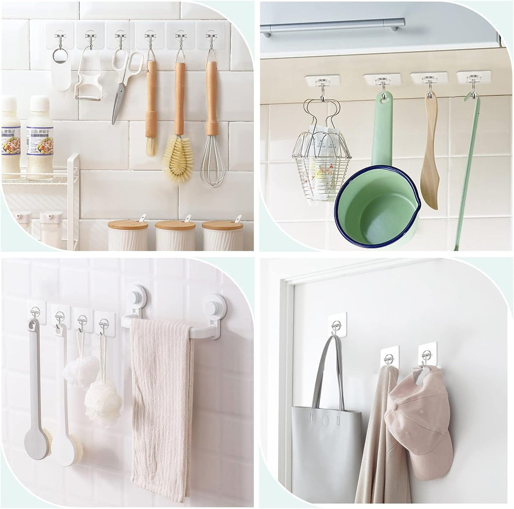 Skiennix Wall Hooks - Clear Removable Stainless Steel Adhesive Hooks | 10 Pack, 13 lb Capacity for Shower & Kitchen