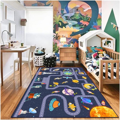 Pyrrhite Outer Space Kid Rug，Boys Car Rug for Kids Toy Cars Have Fun Safely, Non-Slip Educational City Road Rugs Carpets for Kid Room Bedroom（70×47 in