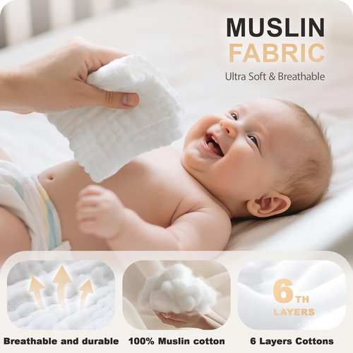 Cuddle Campus Baby Washcloths - Extra Absorbent Muslin Cloths for Newborns | 6-Pack, 12x12 Inches