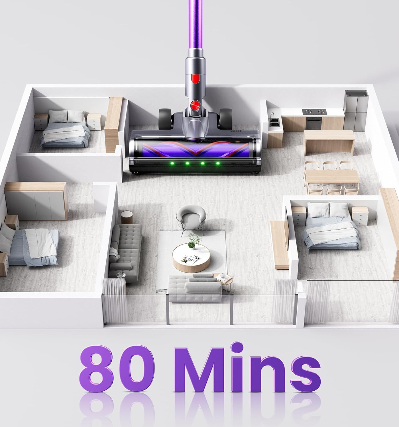 Skiennix Cordless Vacuum Cleaner - 650W, 55KPA Suction, 80 Minutes Runtime, Smart Display, Anti-Tangle Brush