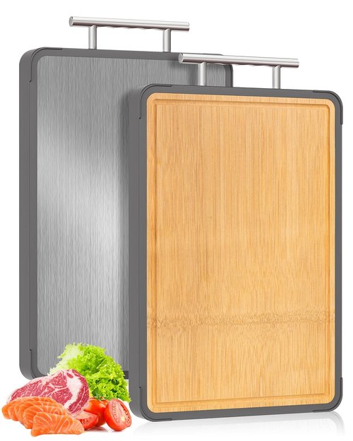 Cutting Boards for Kitchen - Food Grade Double Sided Pure Stainless steel& Bamboo Chopping Board with Handle, Slip resistant Non-toxic Charcuterie Board Housewarming Gifts (15.5×10)
