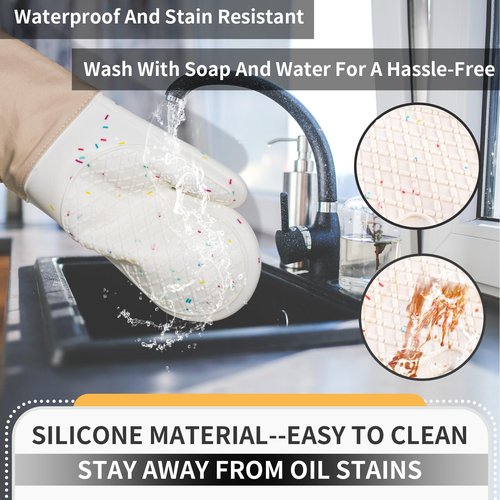 Dorkuova Oven Glove Cute,Cooking Mittens,Oven Mittens for Kitchen,Oven Gloves for Kitchen,Washable Silicone Oven Mitts Heat Resistant 500°F, Potholders for Kitchens Cooking Baking(Cream
