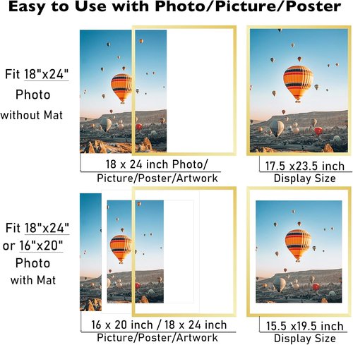 JCJMY 18x24 Picture Frame - Display 16x20 Photos with Mat or 18x24 Without Mat | Gold Finish