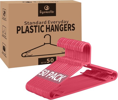 Byomostor Plastic Hangers - Durable Non-Slip G-Shape Clothes Hangers | 50 Pack, Standard Size (Pink)