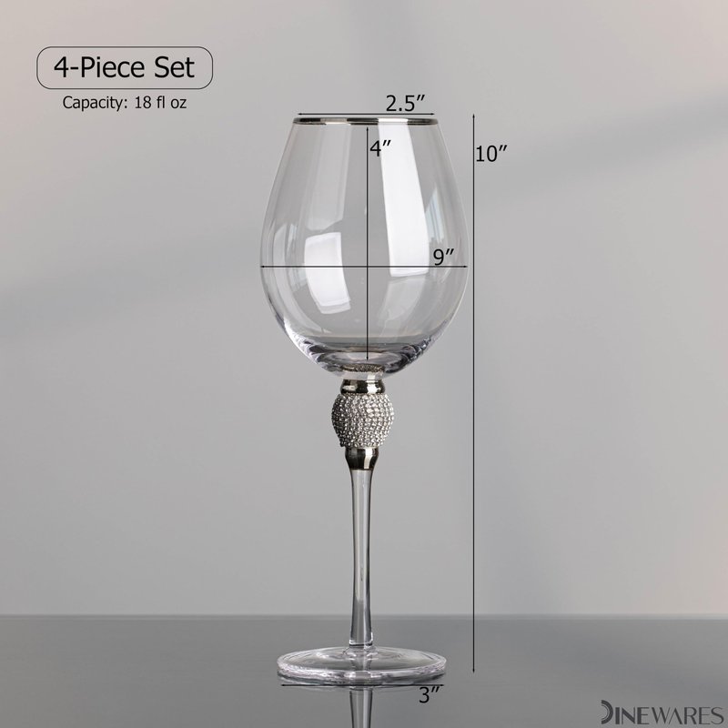 Rimmed Red Wine Glasses with Diamond Rhinestone Accent 18 oz, 10 Inches Tall Perfect Toasting Glasses for Bride and Groom Great for Party Wedding Anniversary and Special Occasion (Silver, Set of 4)