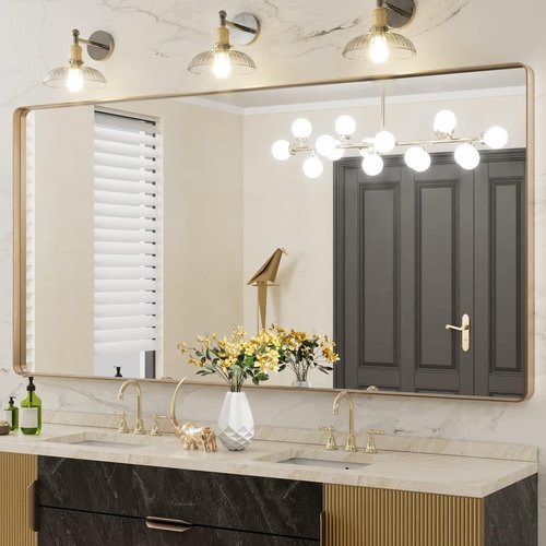 LOAAO Gold Bathroom Mirror - 72”X36” Rounded Rectangle Design | Anti-Rust Tempered Glass, Wall-Mounted