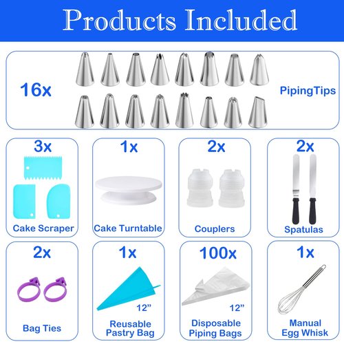 124 PCS Cake Decorating Kit with Cake Stand Turntable, Piping Bags and Tips Set, 100+1 Piping Bags, 12 Icing Piping Tips, 3 Scrapers, 2 Spatulas, Manual Egg Whisk, Baking Supplies for Cake Lovers