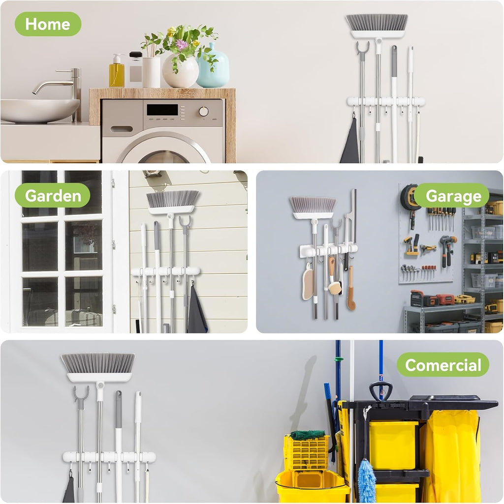 OTraki Broom Holder Wall Mount - No Drill Mop Organizer with 4 Slots & 5 Hooks | Ideal for Garage & Kitchen Storage