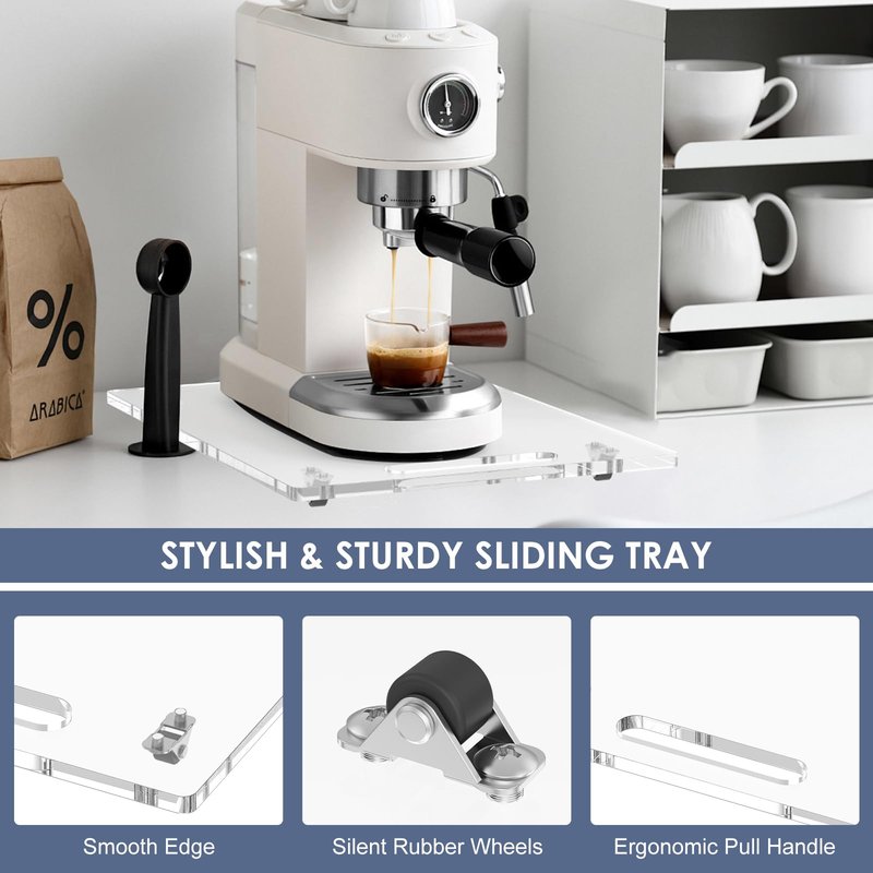 PUDASTO Sliding Tray for Coffee Maker, 9.8" x 14" Acrylic Appliance Sliders with Rubber Wheels, Coffee Pot Slider Tray for Countertop Moving, Stand Mixer, Toaster & Heavy Kitchen Appliances (Clear)