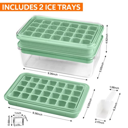 Longzon Ice Cube Tray with Lid and Bin, 56 Pcs Ice Cube Trays for Freezer, Ice Cube Mold, Ice Molds Spill-Resistant Removable Lid & Ice Scoop, Ice Mold for Whiskey Cocktail, Tea, Coffee -Green