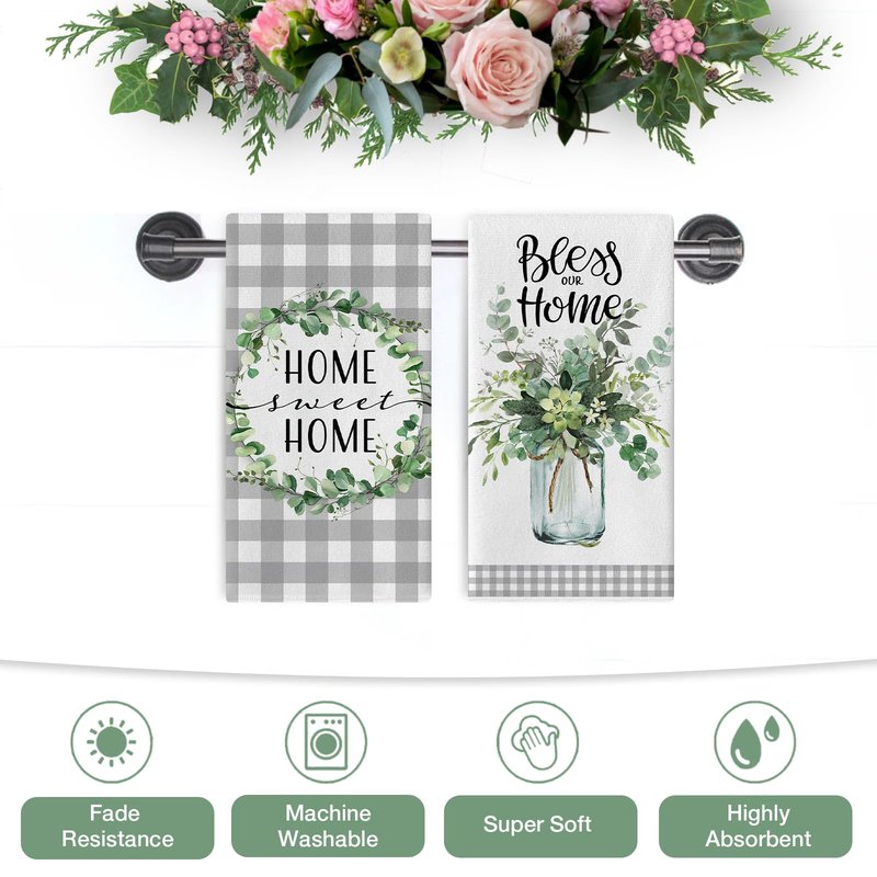 Seliem Sweet Home Spring Summer Kitchen Dish Towels Set of 2, Eucalyptus Leaves Mason Jar Hand Towels Drying Baking Cooking Cloth, Grey Plaid Farmhouse Bless Our Home Kitchen Decor 18x26 Inch