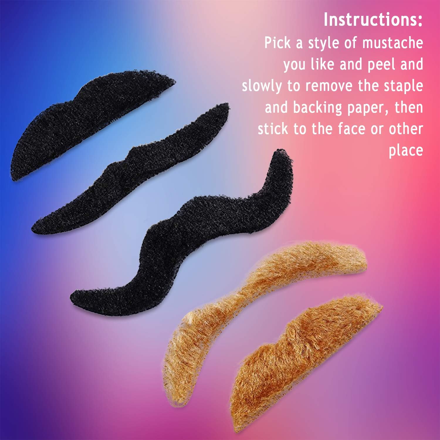 Whaline 48Pcs Self-Adhesive Fake Mustaches Set - Fun Costume Facial Hair for Halloween Parties