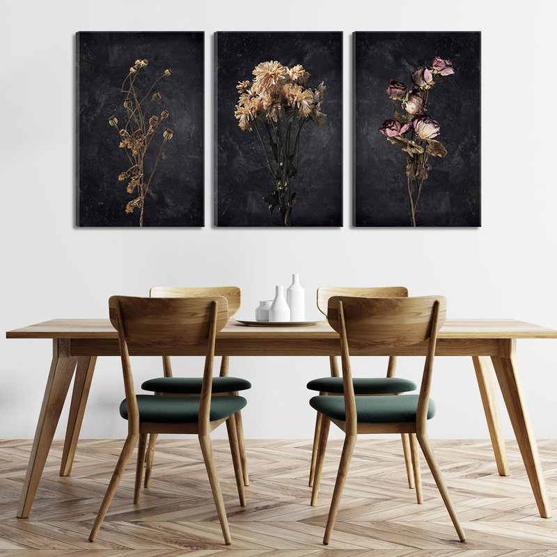 3Pcs Dark Floral Canvas wall art Moody Dried Wildflower Posters Pictures Wall Decor Nature Wilderness Botanical Paintings Abstract Prints for Living Room Bedroom Office Modern Farmhouse Home Artwork
