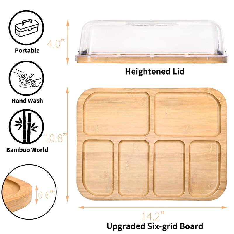 JEPISADI 13.4"x9.5" Portable Cheese Board with Standard Clear Lid - Bamboo Charcuterie Container for Office, School, Travel - Carrying Handle & Locking Clasps