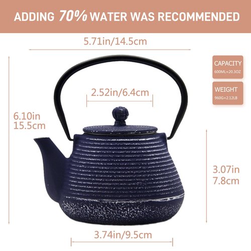 SECHUDO Cast Iron Teapot, 20.3oz Small, Enameled Interior, Stainless Steel Infuser for Loose Tea (Blue Pinstripe Pattern)