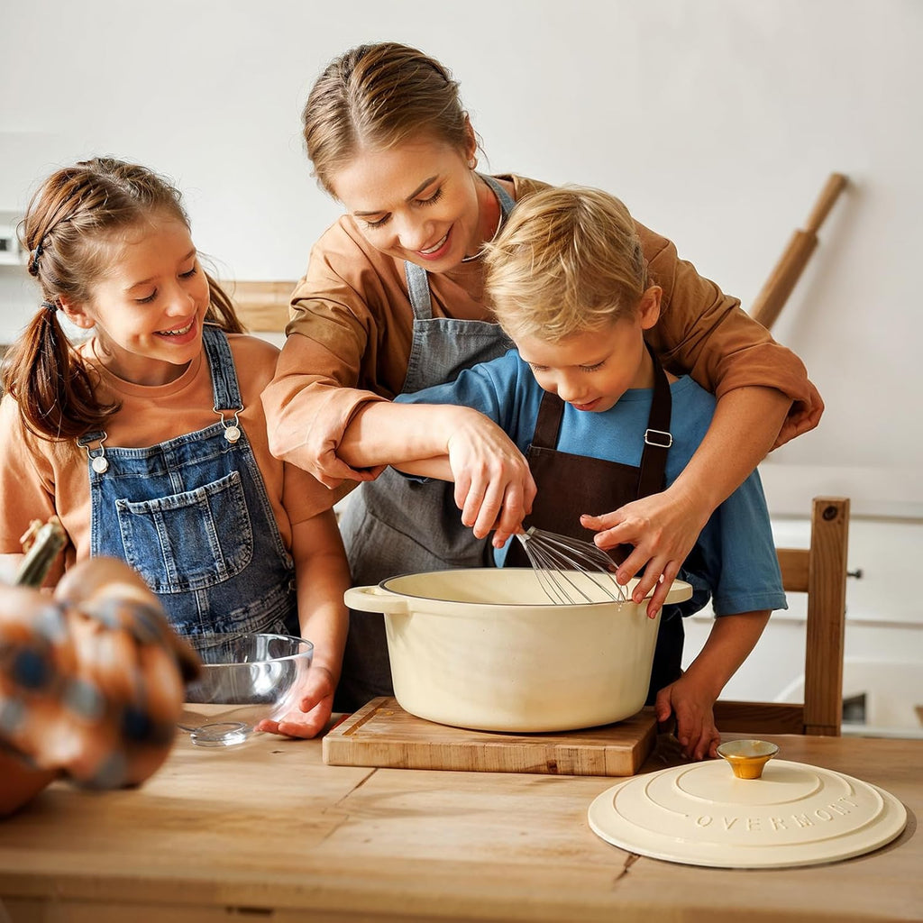 Overmont Enameled Cast Iron Dutch Oven - 7QT Heavy-Duty Pot with Lid & Cookbook | Cream White
