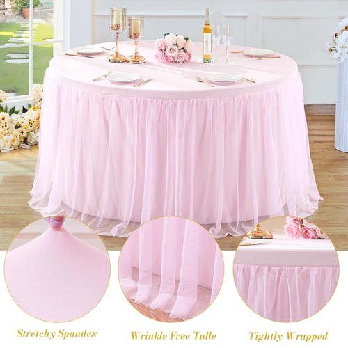 Pink Tulle Round Valentine Table Cloth for 72 Inch Round Tables, Pink Banquet Tablecloth Table Cover, Floor Length Tablecloths, Circle Tutu Tulle Table Cloths Table Skirt for Wedding Party