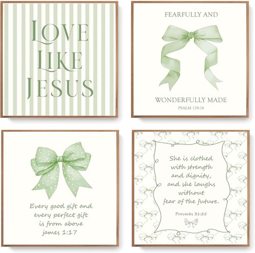 LARTSFRO Coquette Wall Art Decor - Sage Green Bow Christian Posters | Inspirational Bible Verses, 10x10 Inch Set of 4 (Unframed)