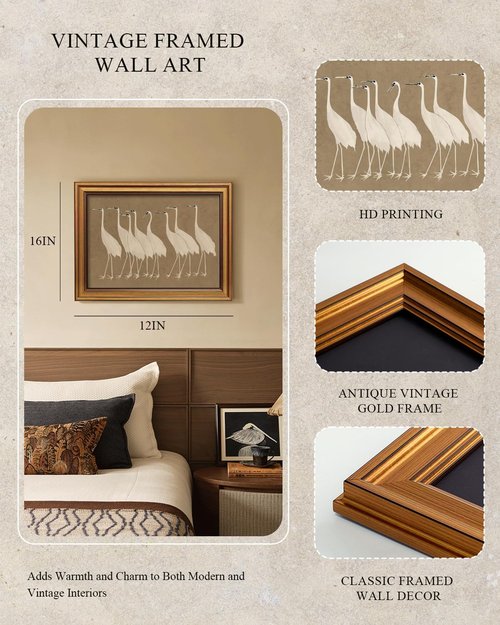 InSimSea Gold Framed Canvas Prints - Vintage Crane Wall Art for Bathroom & Living Room | 12x16 Inch