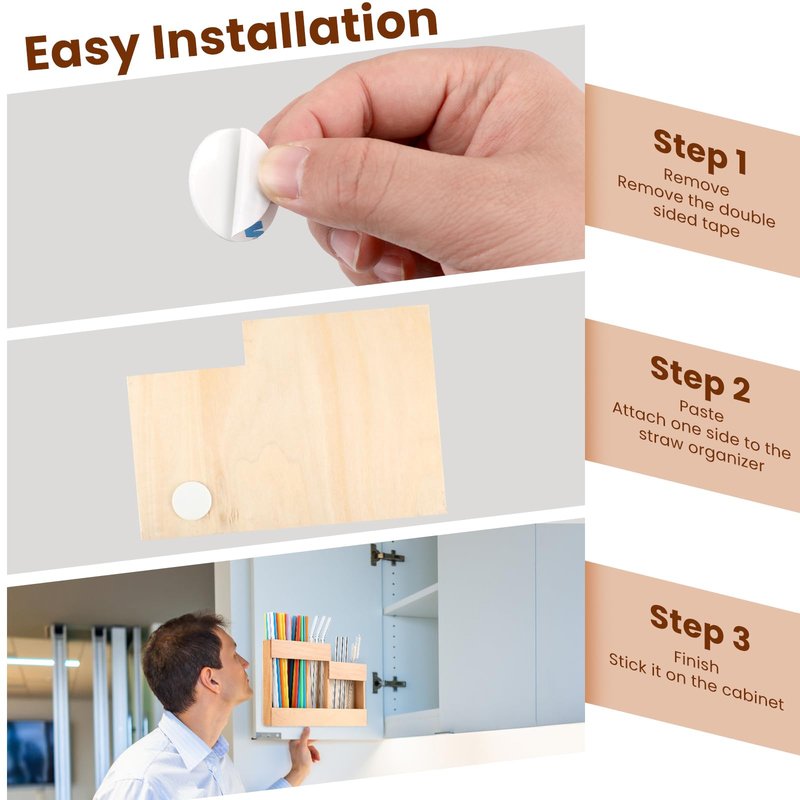 Reusable Wooden Straw Dispenser Organizer with 2-Sided Adhesive - Cabinet & Countertop Storage for Metal/Glass Straws, Compatible with Long & Short Straws