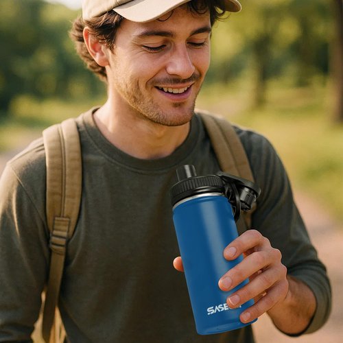 SASEUM Kids Sport Water Bottle 12oz Stainless Steel Double Wall Vacuum Thermal Mug with Leak Proof Spout Lids, Wide Mouth Metal Insulated Water Jug for Gym and Travel（Navy）