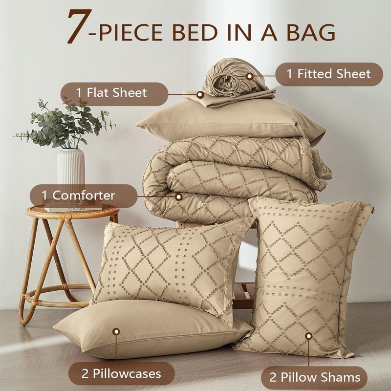 ALAOOKKA Khaki Tufted Comforter Set Queen Size 7 Piece Bed in a Bag,Shabby Chic Boho Comforter and Sheet Set,All Season Soft Microfiber Complete Bedding Set(Khaki,90"x90")