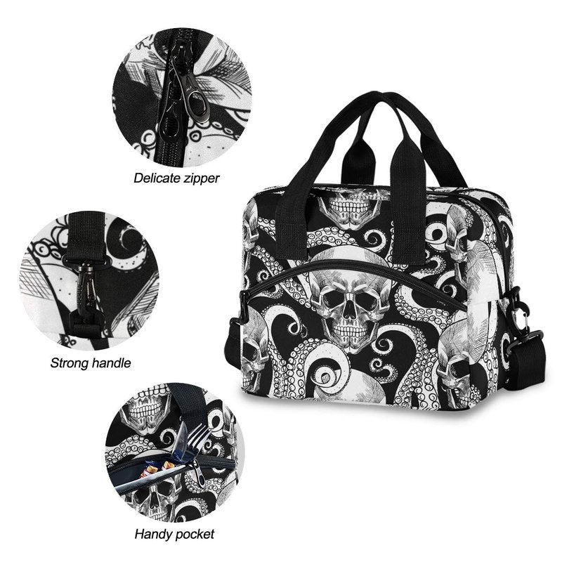 Sinestour Insulated Lunch Bag Reusable Cooler - Skull Lunch Box Adjustable Shoulder Strap for School Office Picnic Adults Men Women