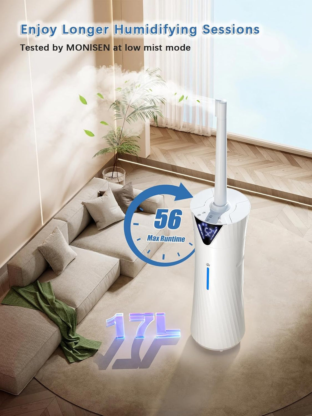 Skiennix 17L Ultrasonic Cool Mist Humidifier - Smart, Quiet, 2000ft² Coverage, 56H Runtime, White