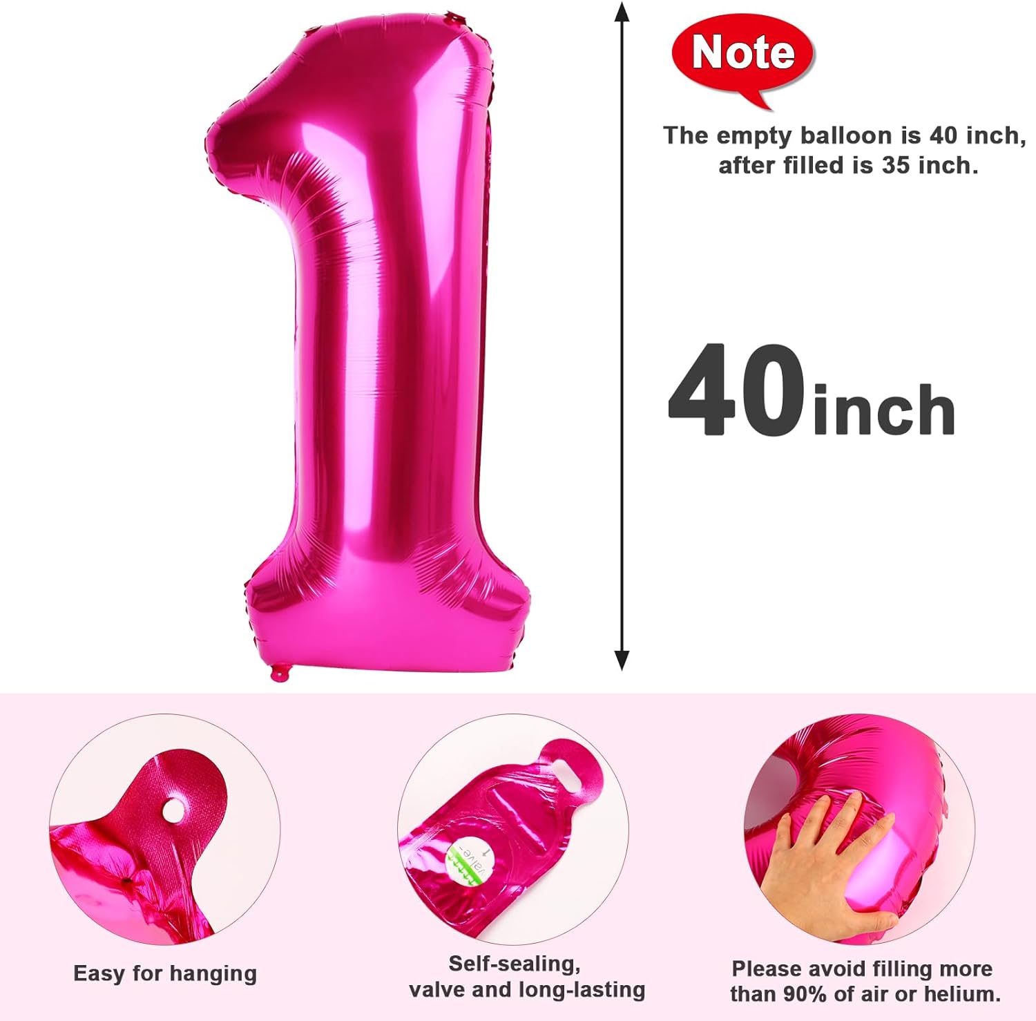 Number Balloons - 40 Inch Hot Pink 1 Balloon for 1st Birthday Party Decorations & Baby Showers