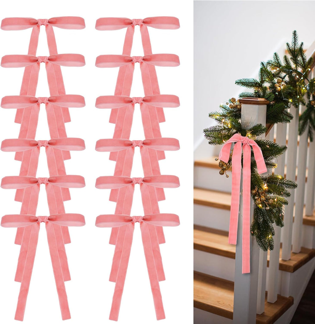 Skiennix Velvet Bows - 24 Pcs Vintage Ribbon Bows for Christmas Tree & Crafts | Dusty Pink (9 x 13 Inch)