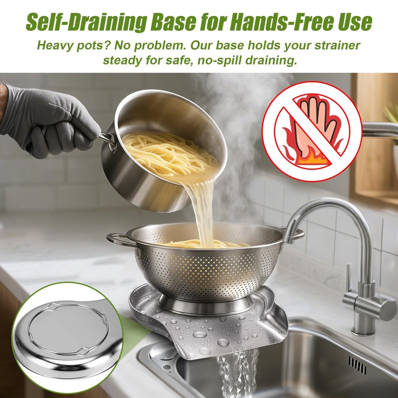 Palksky Colander and Strainer Self Drainer Base Plate Stainless Steel for Kitchen, Metal Countertop Draining Tray for Pasta Rice Noodle Fruit Veggie Food Strainer & Ceramic Colander