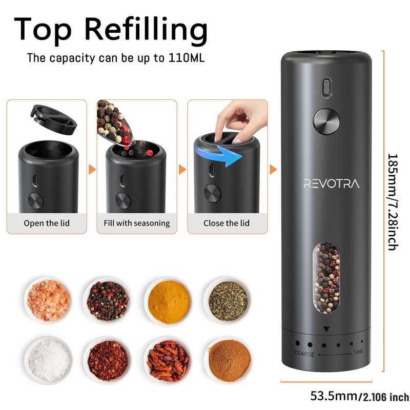 Electric Salt and Pepper Grinder Set, Rechargeable Automatic Salt and Pepper Shakers with 6 Adjustable Coarseness, Christmas Gift, Larger Capacity, LED Light, One-Handed Operation, 2 Packs