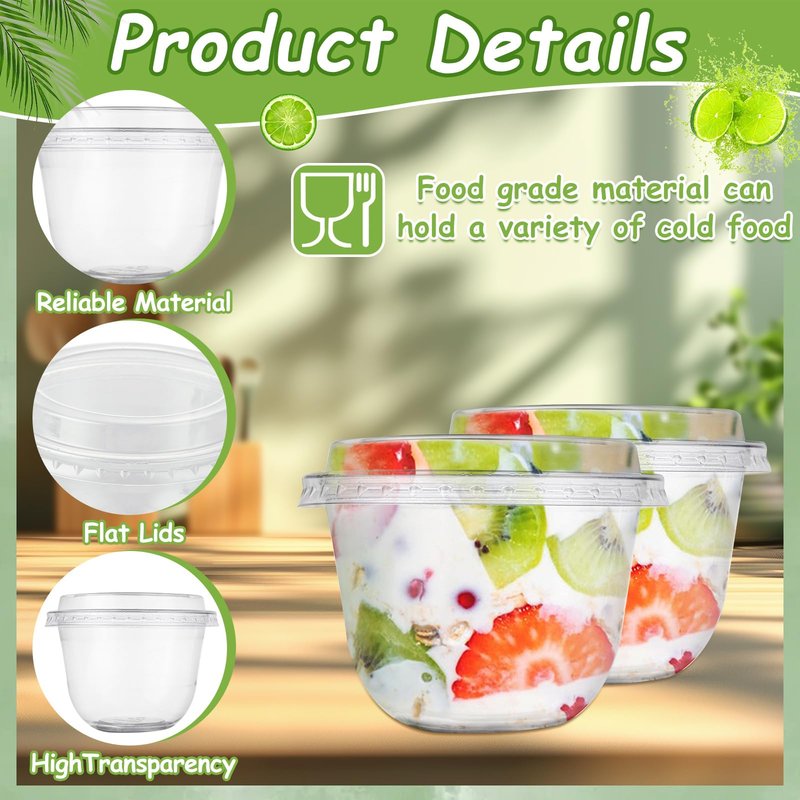 LOPYXBR 100 PCS 10 Oz Plastic Parfait Cups with Flat Lids Disposable Dessert Cups with Lids Clear Plastic Fruit Cups Snack Cups with Lid for Iced Cold Drinks,Cake, Fruit, Parfait, Pudding