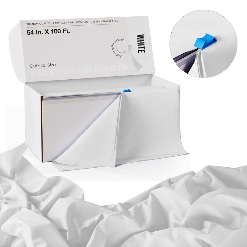 Party Solids 54 Inch X 100 Feet White Plastic Table Cover Roll in A Cut - to - Size Box with Convenient Slide Cutter. Cuts Up to 12 Rectangle 8 Feet Plastic Disposable Tablecloths