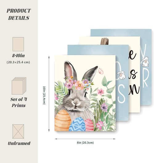 LARTSFRO Easter Decor - Bunny Wall Art Prints | Happy Easter Posters for Living Room & Bedroom | 10x8 Inch Set of 4 Unframed