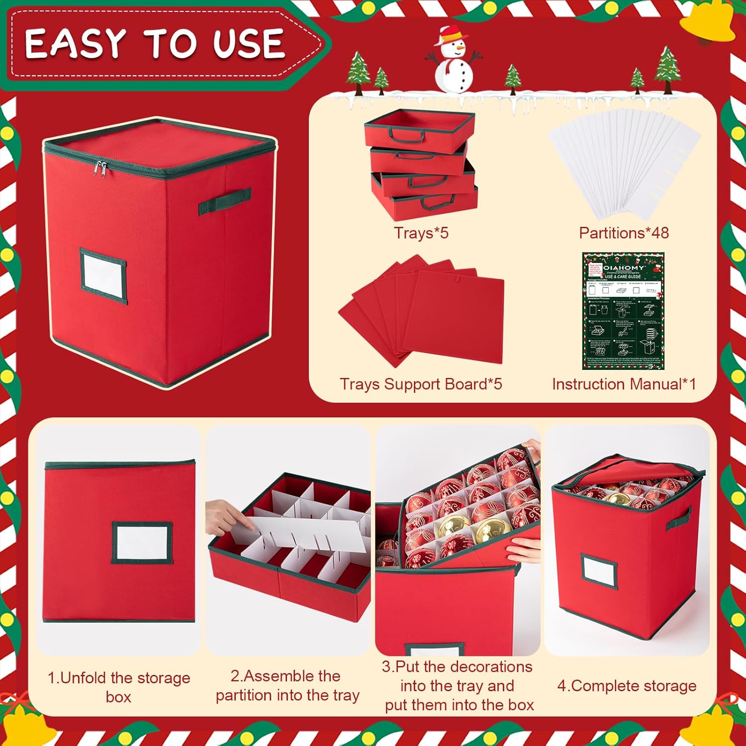OIAHOMY Christmas Ornament Storage Box - Holds 80 Ornaments with Trays & Zippers, Red 600D Oxford Fabric