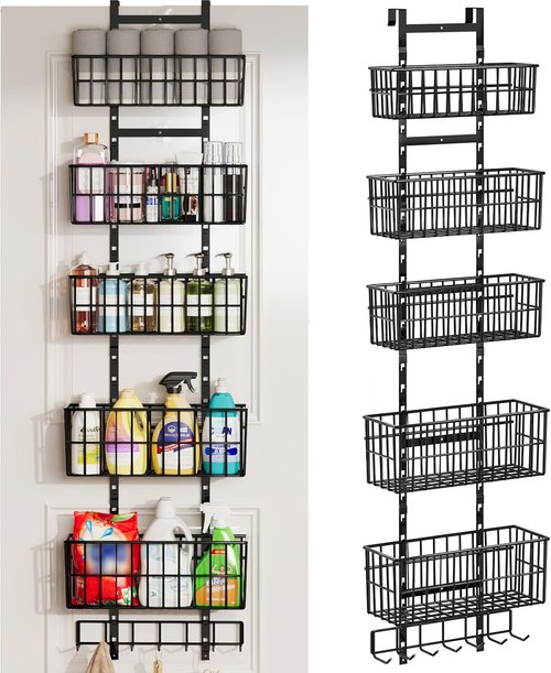 Hongtamoya Adjustable Over The Door Organizer - Metal Hanging Shelf with 5 Baskets & 7 Hooks | Black