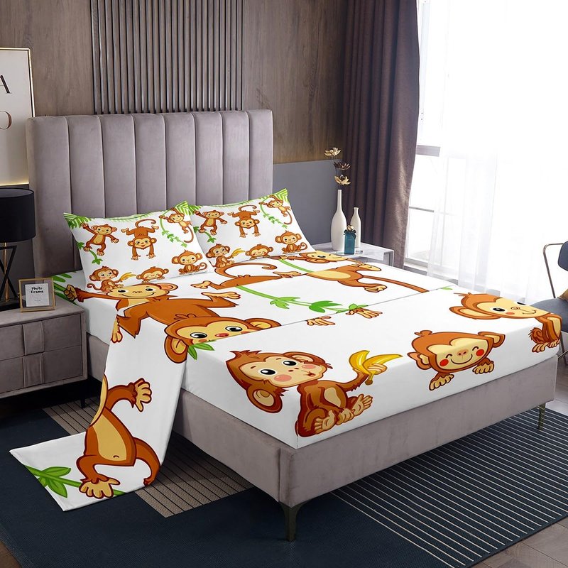 Feelyou Kids Cute Monkeys Bed Sheets Cartoon Monkey Banana Decor Sheet Set for Kids Boys Girls Wild Animal Pattern Bed Set Natural Wildlife Sheets Bedroom Collection 4Pcs Full Size