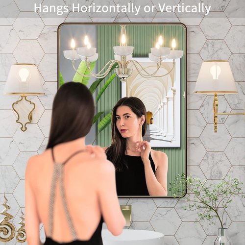LOAAO Bronze Bathroom Mirror - 20”X30” Rounded Rectangle with Anti-Rust Brushed Metal Frame | Versatile Hanging Options
