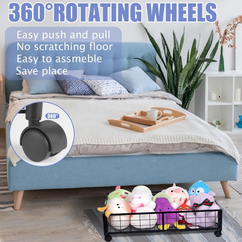 Kmise Underbed Storage With Wheels,Metal Under Bed Storage Containers For Bedroom Clothes Blankets Toy Book Bedding Shoes Storage Organizer (4 Pcs, Black)