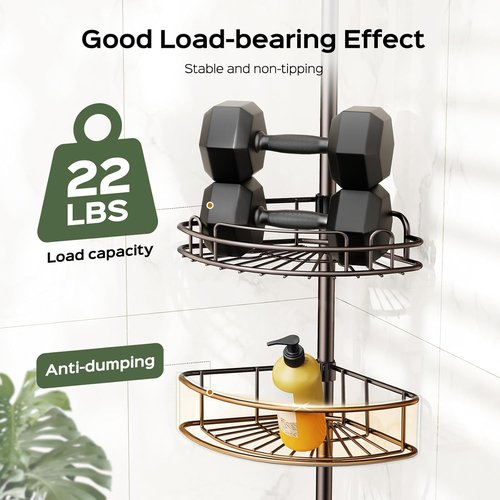 HAMITOR Corner Shower Caddy - 4-Tier Rust-Resistant Adjustable Organizer | No-Drill Quick Installation - Bronze, 47-121 Inch
