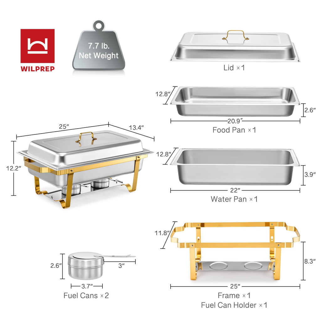 WILPREP Chafing Dish for Buffet, 9 qt Chafer and Buffet Warmer Set with Full Size Food Pan & Foldable Frame, Food Grade Stainless Steel Food Warmer for Parties Buffets Banquets Dinners, Gold & Silver