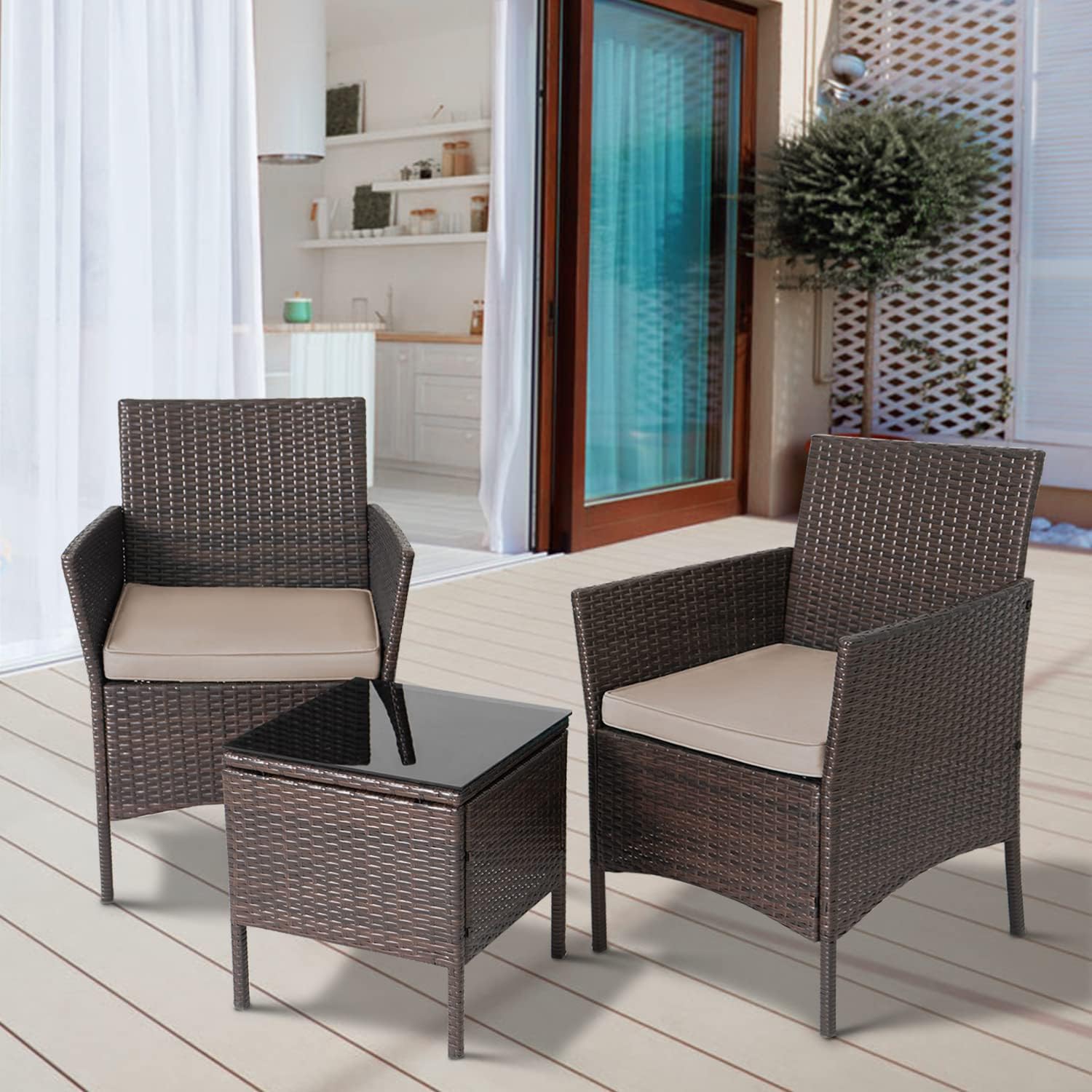 Skiennix 3-Piece Outdoor Wicker Bistro Set - Stylish Patio Furniture with 2 Chairs & Coffee Table