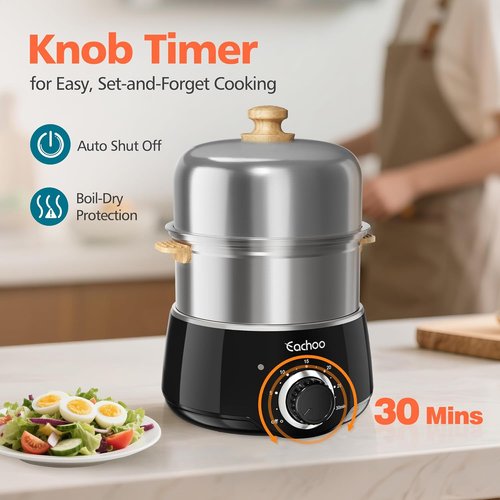 CACHOO 14-Egg Rapid Stainless Steel Egg Cooker - Compact Electric Boiler with Timer & Auto Shut Off | Black