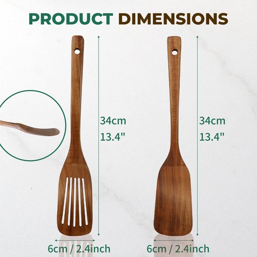 KAQISE Wooden Spatula for Cooking, 2-Piece Teak Wood Spatula Set for Nonstick Pans, Kitchen Utensils with Flat Turner&Slotted Spatula, Heat Resistant Natural Solid Wood Cooking Tools