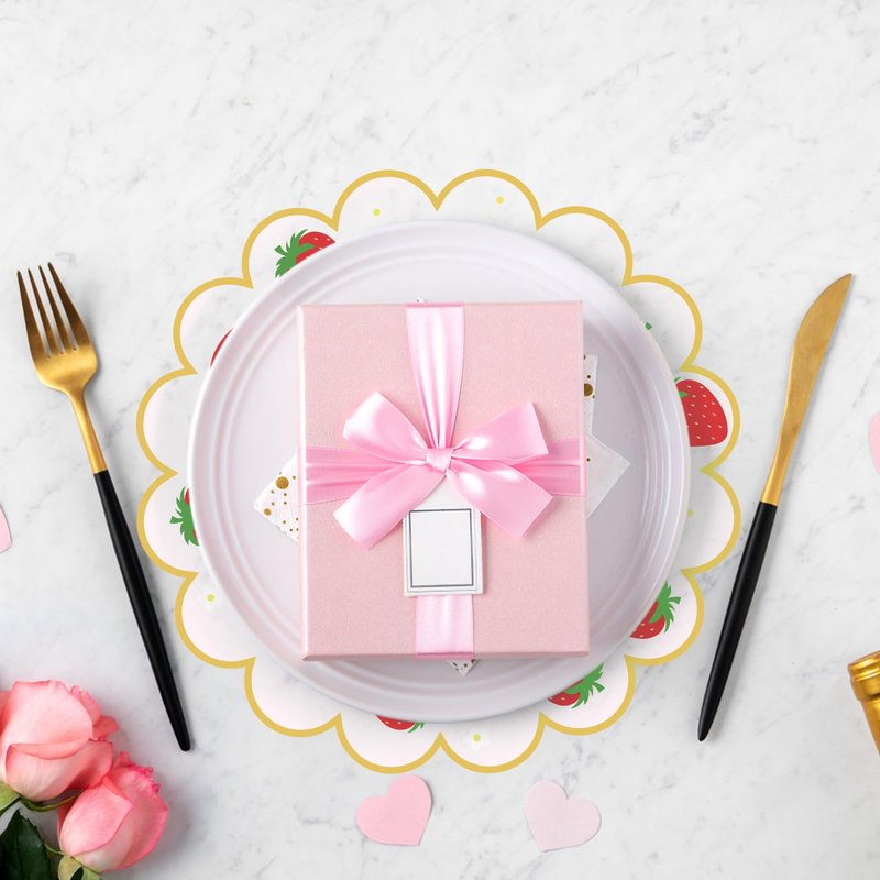 100Pcs Strawberry Paper Placemats Pink Fruit Place Mats 13.5 Inch Disposable Round Decorative Dining Table Mats with Scalloped Edges Paper Cutouts for Spring Birthday Bridal Wedding Party Supplies