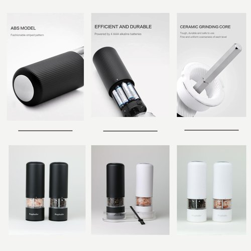 PrepSealer Electric Salt and Pepper Grinder Set, Battery Operated, Led Light, One Handed Operation, Ceramic Adjustable Coarseness (Black and White)