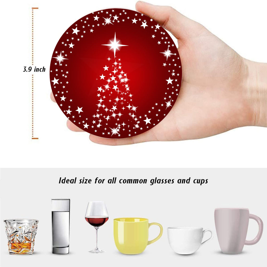 Silver Star Christmas Tree with Holiday Red Background Christmas Coasters Absorbent Ceramic Drink Coasters for Xmas Decor Soft Coasters Set of 4 Good White Elephant Gifts for Adults